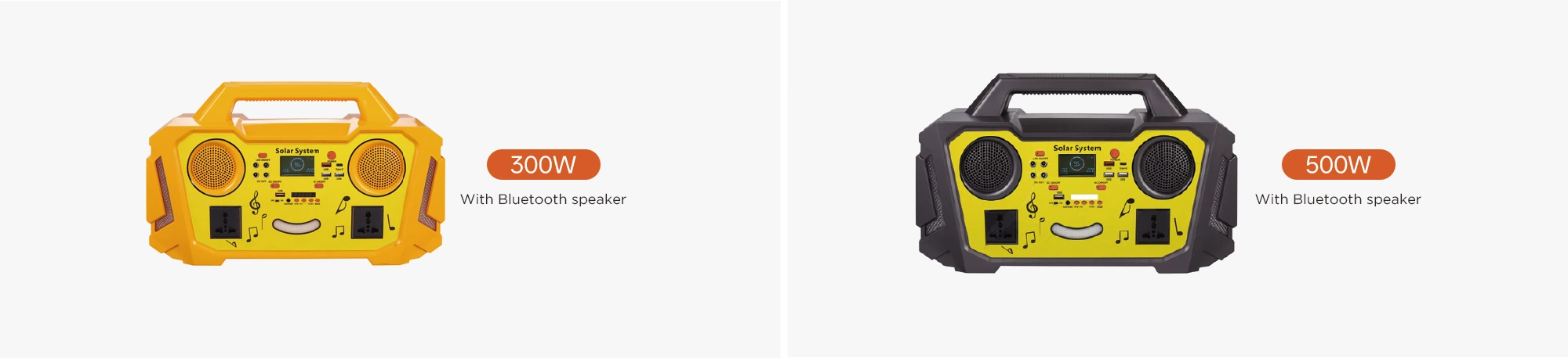 Bluetooth speaker portable power station size comparison – 500W and 1000W models side by side showing capacity, speaker output, and portability differences for weekend camping vs extended off-grid use